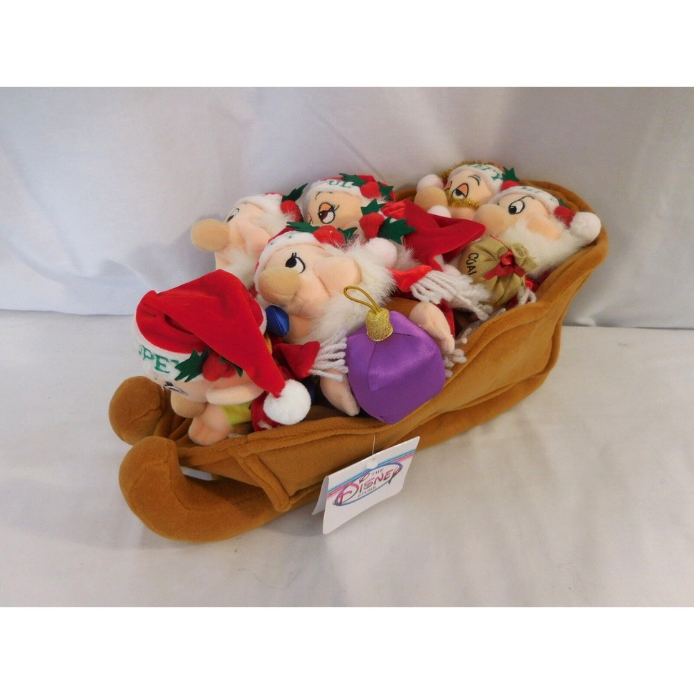 Disney Store Snow White Seven Dwarfs Christmas Sleigh Bean Plush Set New Rare